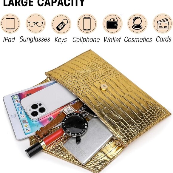 Envelope Clutch Purse for Women Leather Handbag Evening Bag with Detachable Chai - Picture 4 of 8